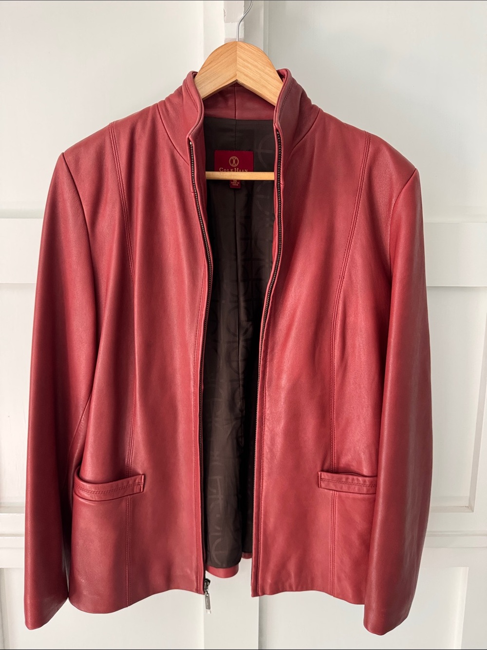 Cole Haan Red Leather Zip-Front Jacket